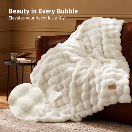 Image of Bedsure Fluffy Bubble Faux Fur Twin Blanket, 60 inchx80 inch, Cream