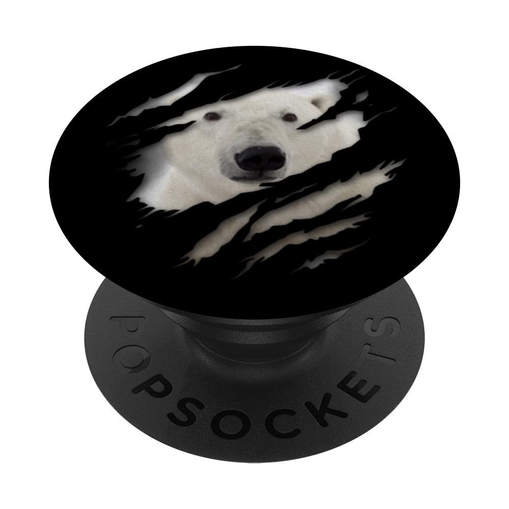 Cute Polar Bear Face Animal Ripped Polar Bear PopSockets Swappable PopGrip, Black