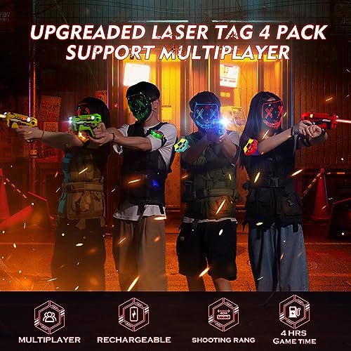 VATOS Wiederaufladbares Laser Tag Set –4 Pack Lasertag mit Empfängern für Kinder Erwachsene, 2.4GHz Daten-Sync-Anzeige Spiel, Infrarot Spielzeug Alter 6-12+ Jungen Mädchen