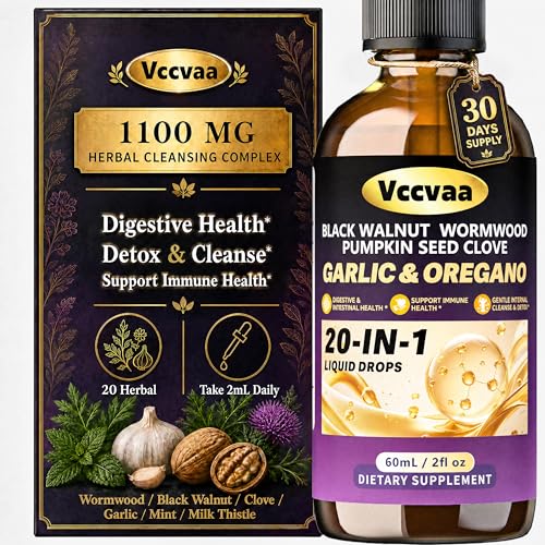 20-in-1 Wormwood Black Walnut Clove Parasite Cleanse | Wormwood Pumpkin Seed & Oregano | Digestive & Intestinal Health Support | Immune System Booster | Gentle Internal Cleanse & Detox | 60 mL