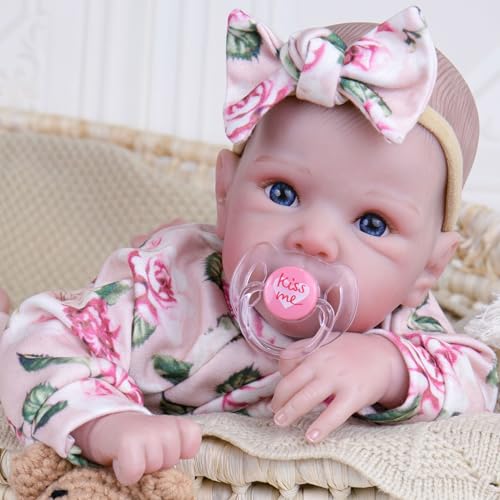 Image of EKOKIZ 20 Inch Realistic Reborn Baby Doll Girl Lifelike Baby Dolls, Soft Cloth Body & Silicone Limbs Newborn Doll with Floral Outfit & Accessories, Gift Box for Kids 3+ & Collectors
