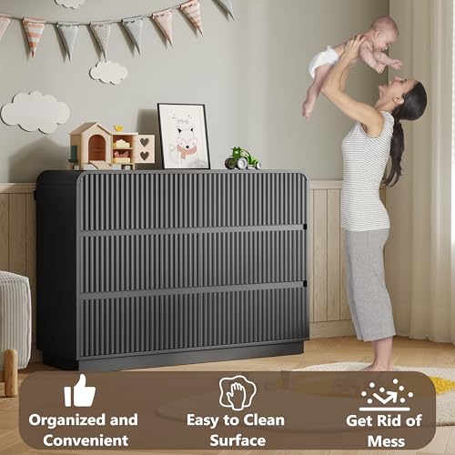 Image of BORNOON Dresser for Bedroom with 6 Drawers, Fluted Chest of Drawers with Round Curved Corner, Hidden Handles, Modern Wood Storage Organizer for Bedroom, Nursery, Living Room