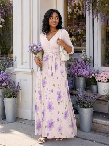Image of PinkPatty Plus Size Maxi Dresses for Women Casual Flowy Long Dress 3 /4 Sleeve V Neck Wrap Dress with Belt