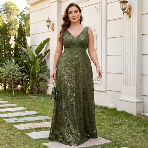 Image of Plus Size Formal Dresses for Women with Embroidery Sequin and V-Neck, A-Line Maxi Dress for Wedding and Cocktail
