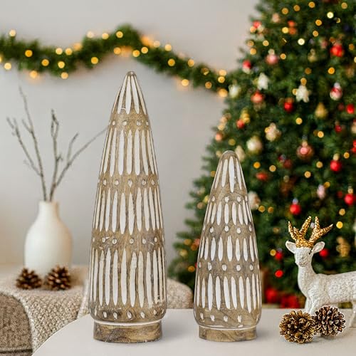 Mie Creations Christmas Tree Set of 2 Figurines, Wooden Decorative