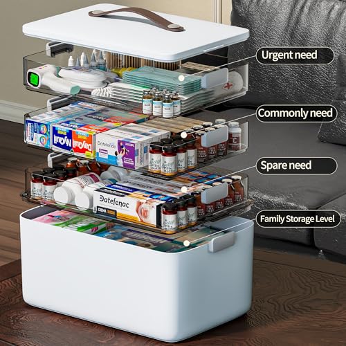 Image of CTIME 4-Tier XL Medicine Organizer - Portable Medicine Cabinet with Leather Handle, Empty First Aid Kit for Home Organization Must, School, Dormitory, Travel, RV, Dorm, Ideal Elderly Gift