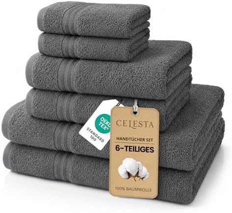 CELESTA 6‑teiliges Handtücher‑Set, 100% Baumwolle Frottee, Dunkelgrau | OEKO‑TEX zertifiziert, atmungsaktiv, saugstark & weich, enthält 2 Handtücher, 2 Duschtücher, 2 Gästetücher