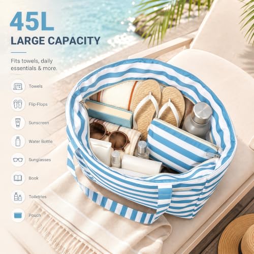 Image of LEDAOU Large Beach Bag Women Waterproof Sandproof Zipper Beach Tote Pool Bag for Swim Gym Grocery Travel with Wet Pocket