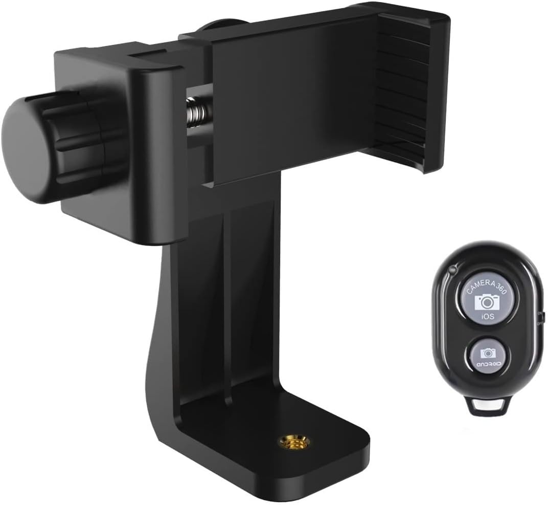 AMBLIC Universal Mobile Holder Clip with Wireless Remote for Tripod & Camera Monopod Mount Holder with 360 Degree Rotating Mount Clamp Adapter Compatible with All Smartphones