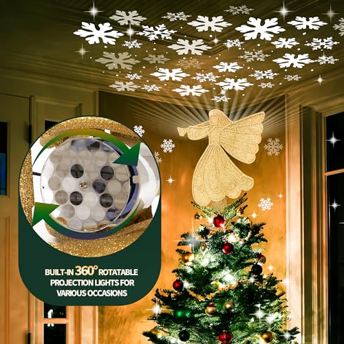 Topo de árvore de Natal iluminado com 6 modos de projeção, enfeite de árvore de anjo de Natal dourad