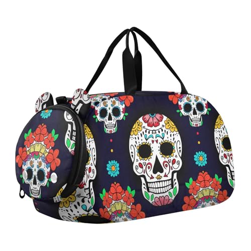 Luminous Sugar Skulls Kids Overnight Duffle Bag,Gymnastics Sports Dance Bag with Shoe Compartment & Wet Pocket, Travel Weekender Tote for Boys & Girls2