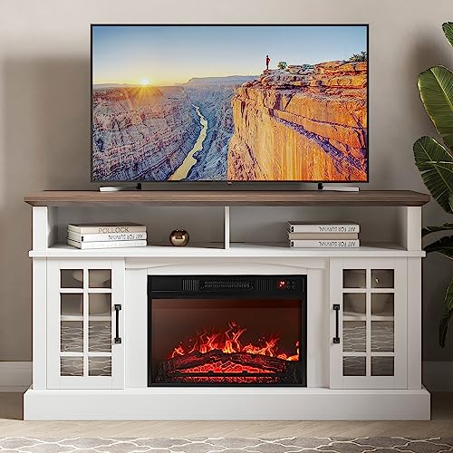 Belleze 58" Tv Stand With 23" Electric Fireplace, Fireplace Tv Console For Tv Up To 65 Inch, Home Entertainment Center With Storage Cabinet & Adjustable Shelves - Astorga (White) #TOP2