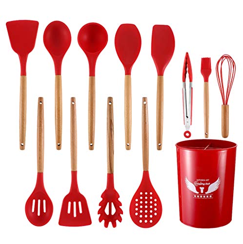 Silicone Cooking Utensils Set 12pcs Kitchen Gadgets with Utensil Holder Sets Heat Resistant Silicone Spatula Cookware Tools Wooden Handles Pioneer Woman Kitchen Accessories Red