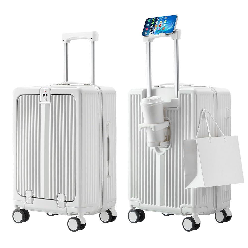 Carry On Luggage Airline Approved Suitcases with Front Pocket, 20 Inch Hardshell Rolling Carry-On Luggage with Spinner Wheels, USB Port, Cup Holder, White