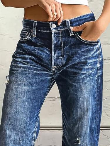 Flamingals Straight Leg Jeans for Women Mid Rise Casual Barrel Roll Hem Ripped Wash Denim Cropped Pants2