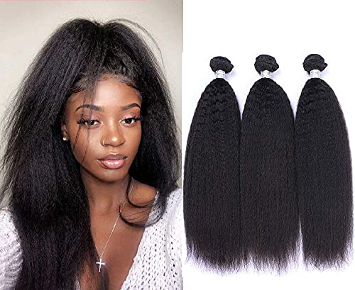Dingfeng Hair 8A Brazilian Kinky Straight Human Hair Weave Bundles Wholesale Price Of Factory 100% Unprocessed Virgin Hair Yaki Remy Hair Extensions Big Sale Natural Black Color (10 12 14)