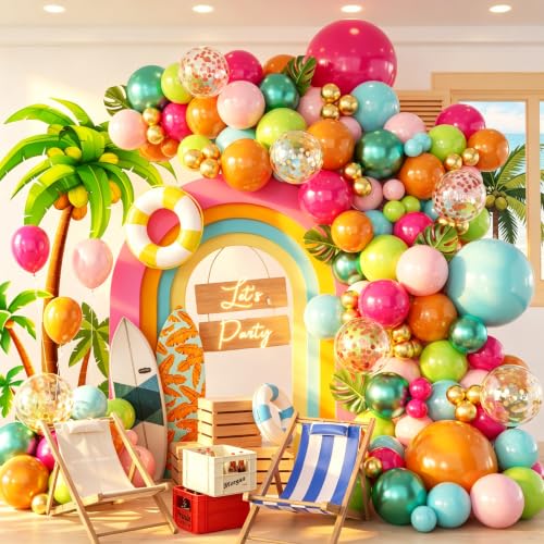 Image of 146PCS Tropical Balloon Arch Garland Kit, Olive Green Hot Pink Orange Rose Gold Confetti Balloons For Hawaiian Luau Aloha Flamingo Party Decorations Birthday Summer Beach Supplies