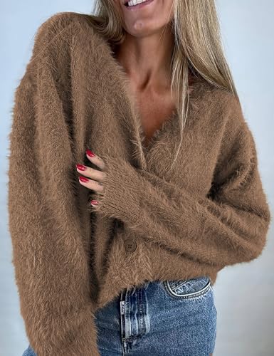 Fuzzy Cardigan Sweaters for Women V Neck Button Down Fluffy Knit Sweater Long Sleeve Cardigan Sweater Coat 20254