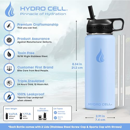 Image of HYDRO CELL Stainless Steel Insulated Water Bottle with Straw - For Cold & Hot Drinks - Metal Vacuum Flask with Screw Cap and Modern Leakproof Sport Thermos for Adults (Glacier 18oz)