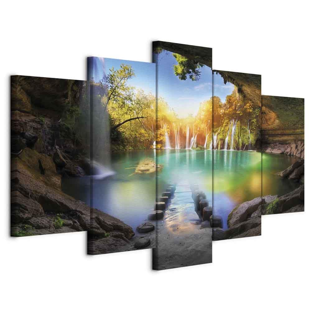 murando Cuadro en Lienzo Paisaje Gruta 200x100 cm Impresión de 5 Piezas Material Tejido no Tejido Impresión Artística Imagen Gráfica Decoracion de Pared Cascada c-A-0127-b-m
