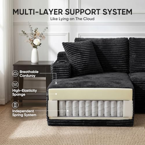 Image of Boneless Couch, 127 inch Sofas for Living Room, U Shaped Couch with Chaise | Sectional Sofa, Cloud Couch Sectional with Cup Holders and Storage, Cloud Sofa with Deep Seat, Black, Corduroy, No Assembly
