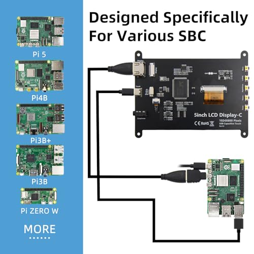 Image of 5 Inch LCD Touch Screen, 1024x600 IPS Display with Stand, HDMI Portable Monitor for Raspberry Pi 5 /4B /3B+ /3B /B+ /Zero /400, BB Black, Windows 10 8 7, Free Driver