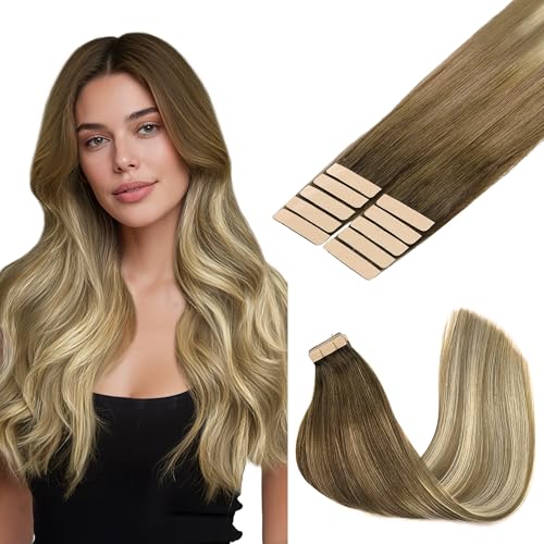 GOO GOO Tape in Hair Extensions Human Hair, 3/8/613 Balayage