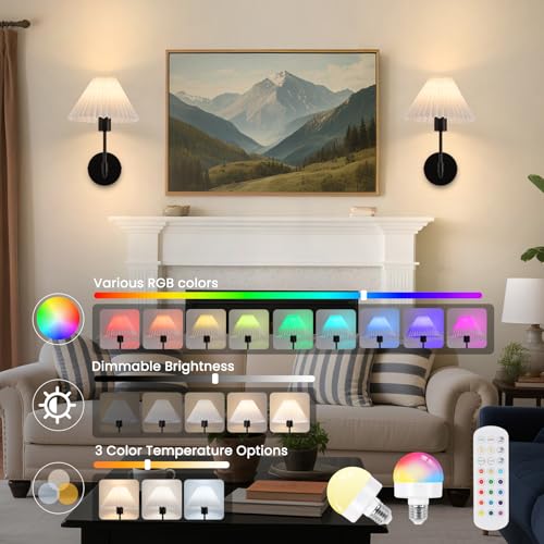 Image of EIDISUNY Battery Operated Wall Sconces Set of 2, Wireless Wall Sconce with Remote Dimmable RGB, Rechargeable Wall Lights for Bedroom Living Room Kitchen Hallway Wall Decor (Black)
