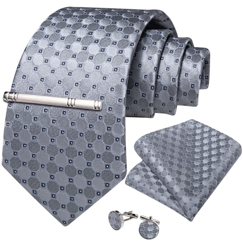 Image of DiBanGu Mens Silk Plaid Tie and Pocket Square Set | Elegant Silk Formal Tie Set, Woven Check Necktie and Cufflinks Tie Clip Set, Perfect for Wedding Party, Comes in Gift Box