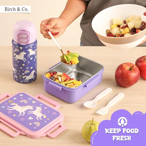 Image of Tiffin Box for School - Lunch Box for Kids Boys - Snacks Boxes for Girls - 900 ml Stainless Steel Tiffin Box, Leak-Proof 4-Side Locks, BPA-Free Food-Grade Material with Removable Divider, Unicorn