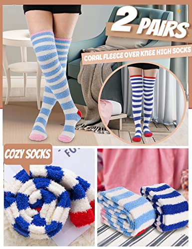 Image of MOGGEI Womens Thigh High Fuzzy Socks Warm Winter Over Knee High Long Striped Fluffy Cozy Fleece Socks 2 Pairs