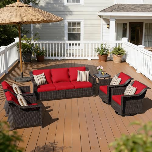 Image of 6 Piece Patio Furniture Set, Wicker Outdoor Conversation Set | Patio Chair Set with Olefin Removable Cushion, All-Weather Outdoor Couch with Deep Seat for Porch, Deck and Backyard, Red