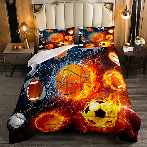 Flame Ball Print Bedding Set for Girls Boys Sports Fire Water Comforter Set DecorBall Comforter Competitive Games Duvet Set Full Size Quilt Boys