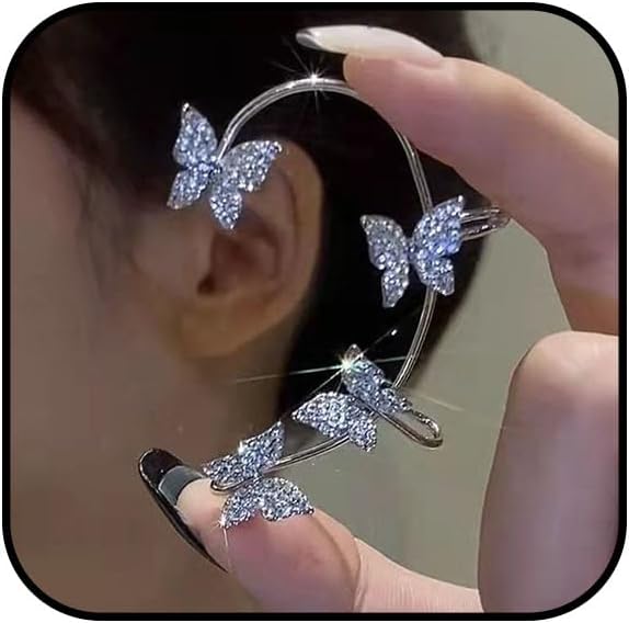 Butterfly Ear Cuffs Earrings for Women Gold Silver Butterfly Clips Earrings Rhinestone Butterfly Fairy Earrings Trendy No Piercing Cuffs Jewelry Shiny Bride Wedding Earrings Ear Wrap Ear Jacket