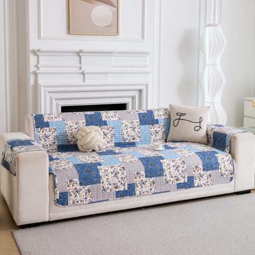 Image of HOMETHREADS Premium Style Anti Slip Sofa Cover Set | Cotton Sofa Slipcover | 1Pc Front Cover with Attached Armrest + 1Pc Back Cover (Blue White Sqr, 4 Seater | 200x185cm)