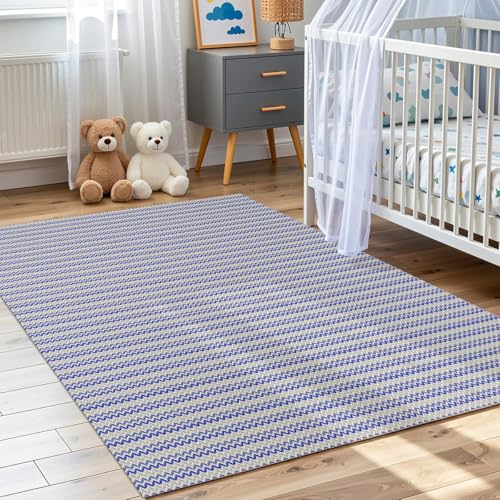 Tapete Quarto Infantil 2,00m x 1,40m Antiderrapante 100% Algodão Artesanal Decoração Bebê Juvenil Criança Menina e Menino Rosa Azul Macio Emborrachado (Azul)