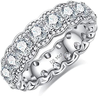 CannyCat Moissanite Eternity Ring 4.0mm 5.7 CTTW Full Moissanite Wedding Band for Women VVS D color Lab Created Diamond Anniversary Engagement Platinum Plated Silver Bezel Halo set Chunky Eternity Bands (size-7)