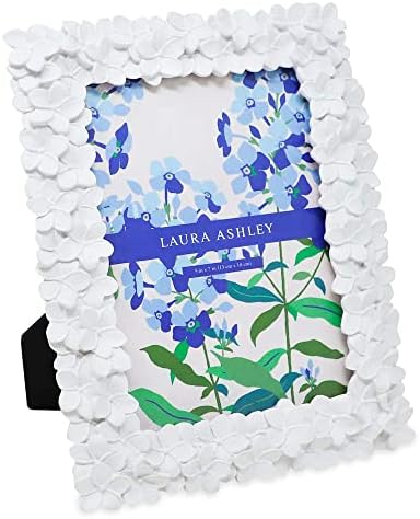 Laura Ashley 5x7 White Flower Textured Hand-Crafted Resin Picture Frame w/ Easel & Hook for Tabletop & Wall Display, Decorative Floral Design Home Décor, Photo Gallery, Art (5x7, White)