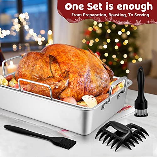 15.3’’ Roasting Pan With Racks, Joyfair 7 Pcs Stainless Steel Large Turkey Roaster Pan With Handle, Cooling Flat Rack/V-Rack, Meat Tenderizer/Claws And Brush, Heavy Duty & Multi-Use, Dishwasher Safe #TOP3