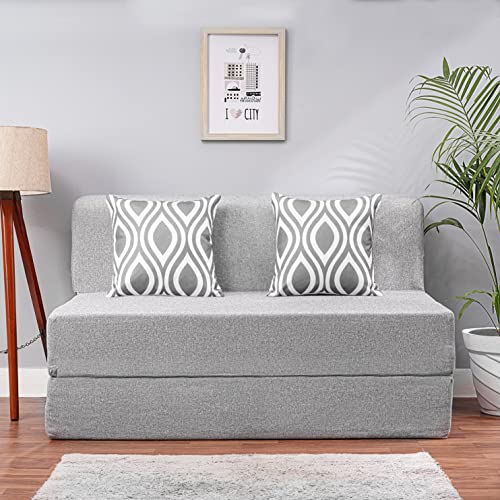 Image of Convertible Fabric Sofa Cum Bed | Foldable Double Foam & Washable Cover with Cushions | Modern Design Use Living Room & Guest Room (Silver-Multi-Silver, 4X6 Ft)