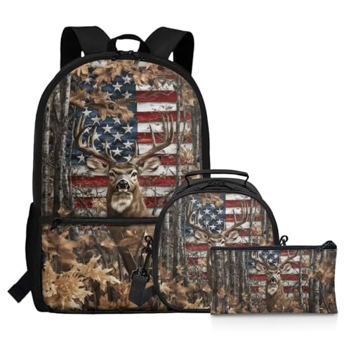 Showudesigns American Flag Deer Backpack with Lunch Bag Sets for Boys Kids School Bags Elementary Middle School Bookbag and Lunch Box Pencil Case 3Pcs Lightweight Daypack Forest