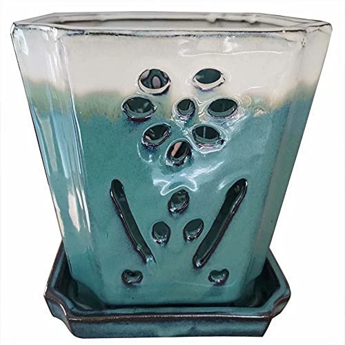 7' Large Square Ceramic Orchid Pots With Holes, Flower Pot With Saucer For Indoor Plants Home Decorative,Air Plant Pot ( Turquosie Color ) #TOP5