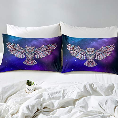 Boho Owl Bedding Set For Girls Kids Women Galaxy Boho Exotic Style Comforter Cover Teens Wild Animal Blue Purple Starry Sky Duvet Cover Room Decor Ethnic Owl Print Bedspread Cover Full 3Pcs #TOP1