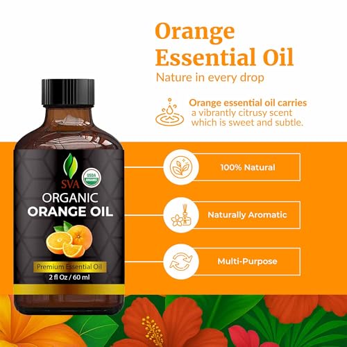 Image of SVA Organic Orange Essential Oil with Dropper, 2 Fl Oz (60 ml) | Orange Oil for Diffuser, Humidifier, Home Fragrance, Cleaning Blends, Soap, Candle, Spray & DIY Projects in Glass Bottle