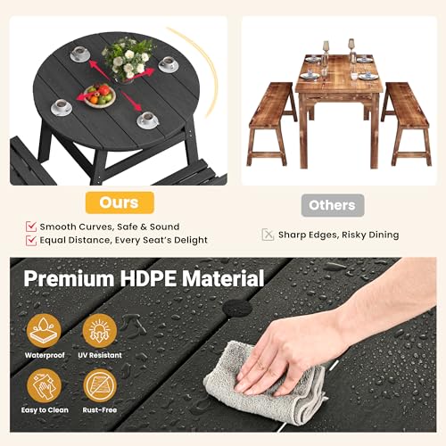 Image of Pamapic 5 PCS Round Outdoor Dining Set, Wood Grain HDPE Outdoor Table and Chairs with 105 Ergonomic Backrest, Durable Patio Dining Table with Umbrella Hole, Black
