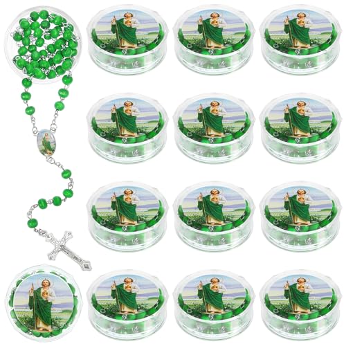 Bucherry 24 Pcs Saint Jude Green Scented Rosary Necklace Baptism Party Favor Catholic Gift with Box Saint Jude Rosary Bead Holy Prayer Necklace with Crucifix Cross