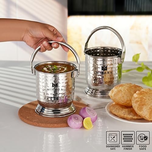 Image of MIKARA Dal Serving Bucket Stainless Steel Bucket for Serving Dal (500ml (Set of 2 Hammer Design))