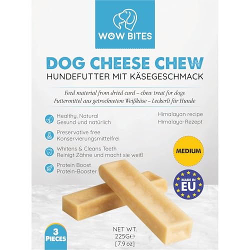 WOW BITES Premium Kaukäse für Hunde – Langer Kauspaß aus natürlicher Milch – Kaukäse Hundeknochen - Mittel Käsestangen – (225 g, 3er Pack, M)