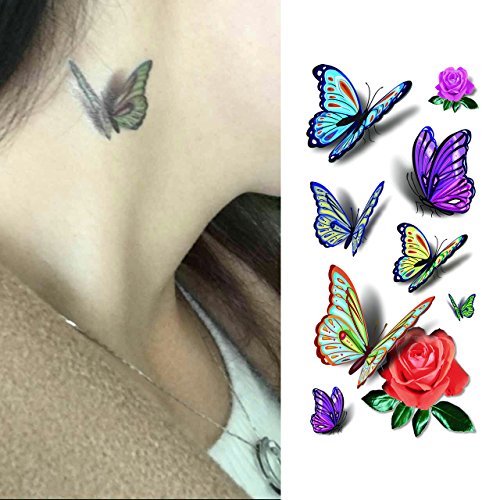 Oottati 3D Shadow Dancing Butterfly - Assorted Blue Purple Yellow Rose Temporary Tattoo (2 Sheets)