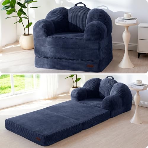 Image of MAXYOYO Folding Sofa Bed, Floral-Shaped Convertible Floor Sofa Couch with Backrest, 2 in 1 Comfy Lounger Bean Bag Chair with Handle, Floor Single Couch for Living Room Bedroom, Navy